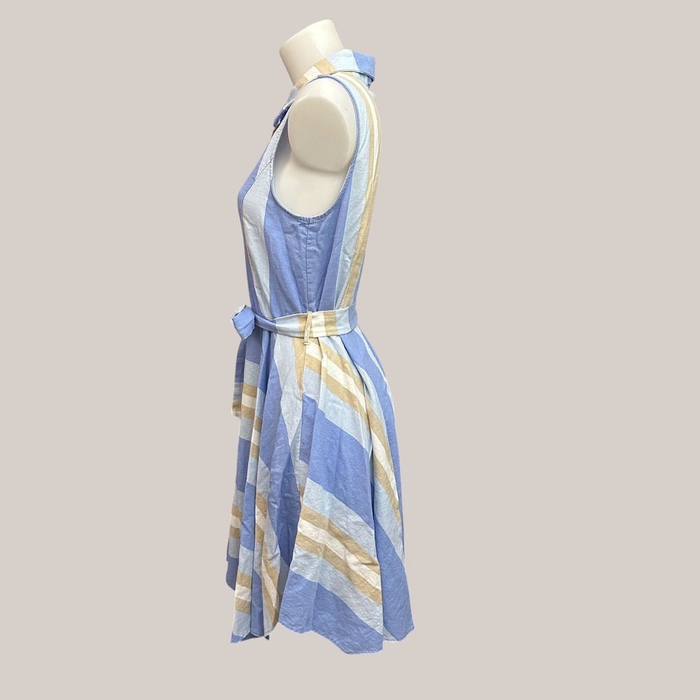 1. State Blue Cream Striped Collared Linen Midi Belted Fit & Flare Dress Size M - Picture 3 of 8